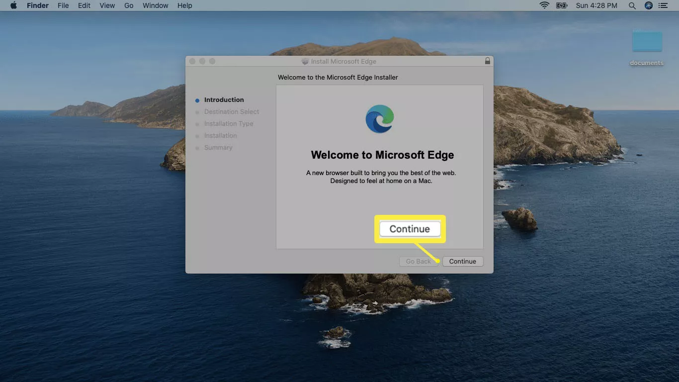 Una captura de pantalla del instalador de Microsoft Edge en Mac.