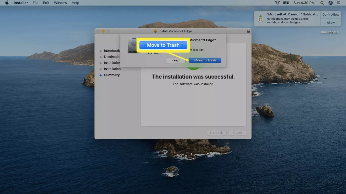 Una captura de pantalla de la eliminaciÃ³n del instalador de Edge en Mac.
