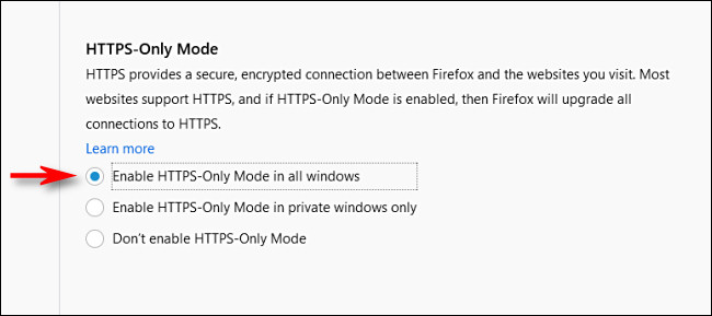 En las opciones de privacidad de Firefox, seleccione "Modo solo HTTPS en todas las ventanas".