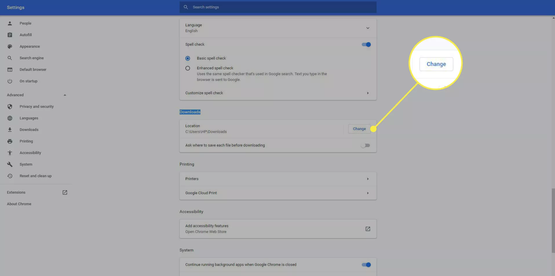 Una captura de pantalla de la configuración de Google Chrome con el botón Cambiar debajo de Descargas resaltado