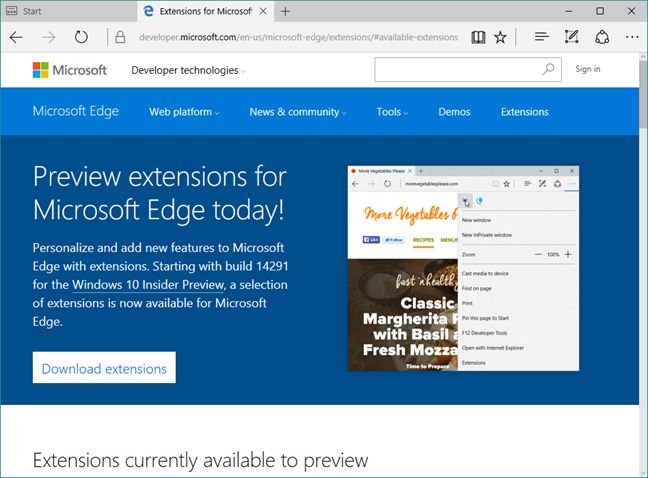 Microsoft Edge, navegador, extensiones, complementos, Windows 10