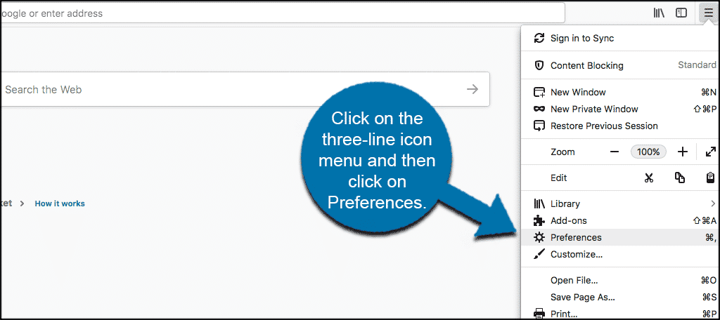 Haga clic en el menÃº de iconos de tres lÃ­neas y luego haga clic en preferencias en el navegador Firefox