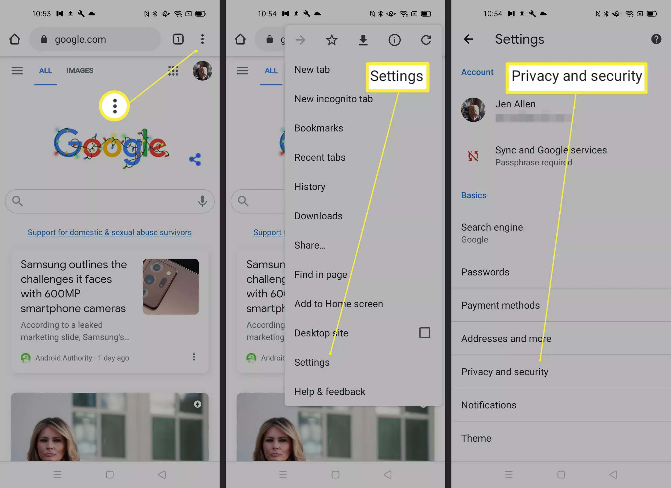 Pasos para encontrar la configuración de privacidad y seguridad en Google Chrome en Android