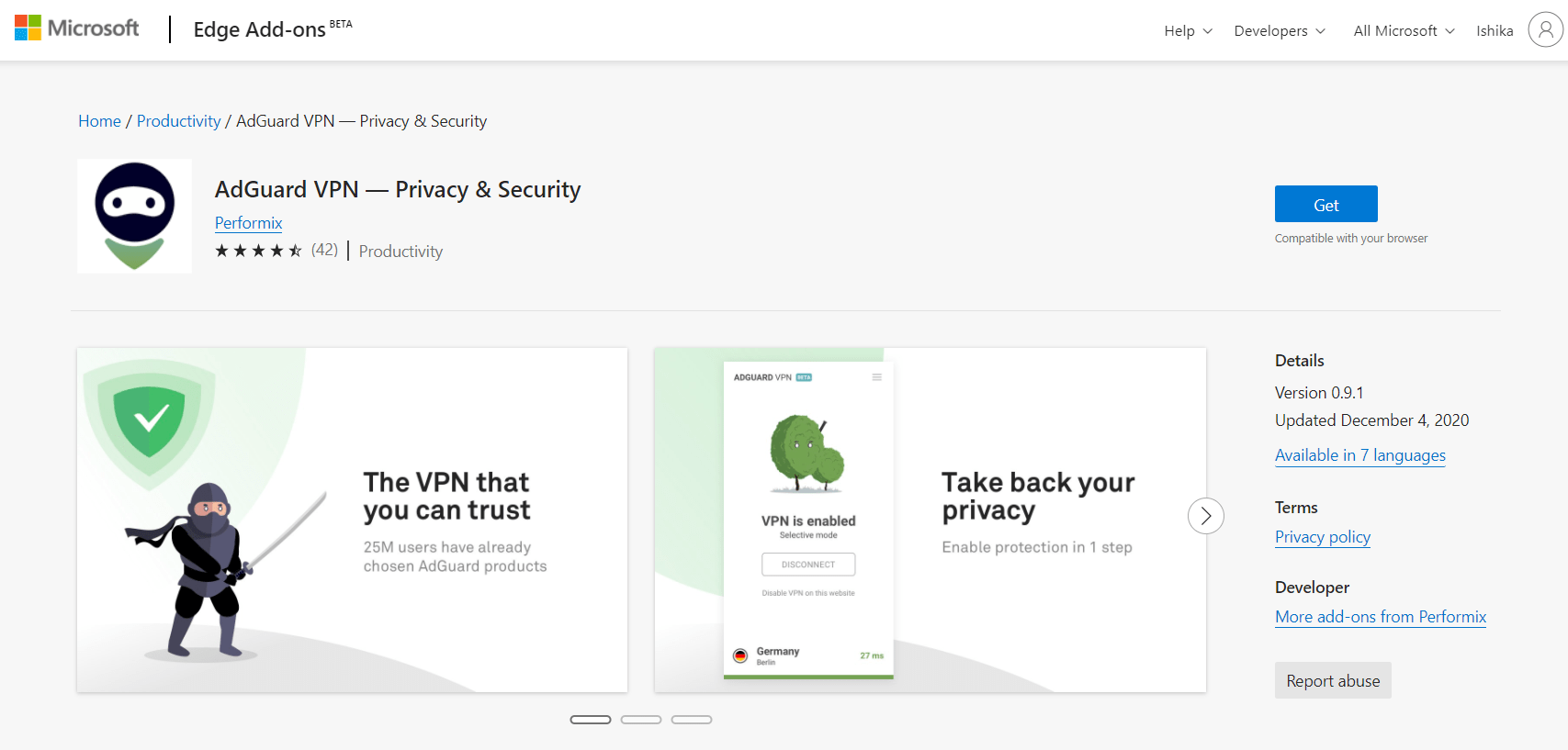 AdGuard VPN para el complemento Privacy Edge