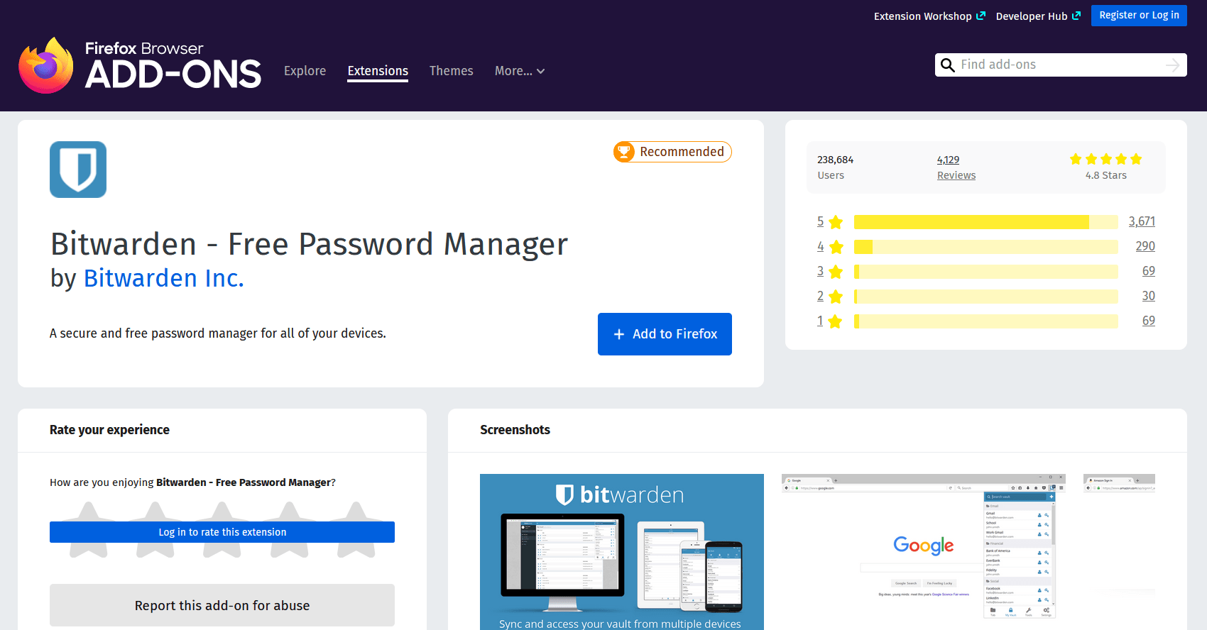 Complemento de Bitwarden Password Manager Firefox