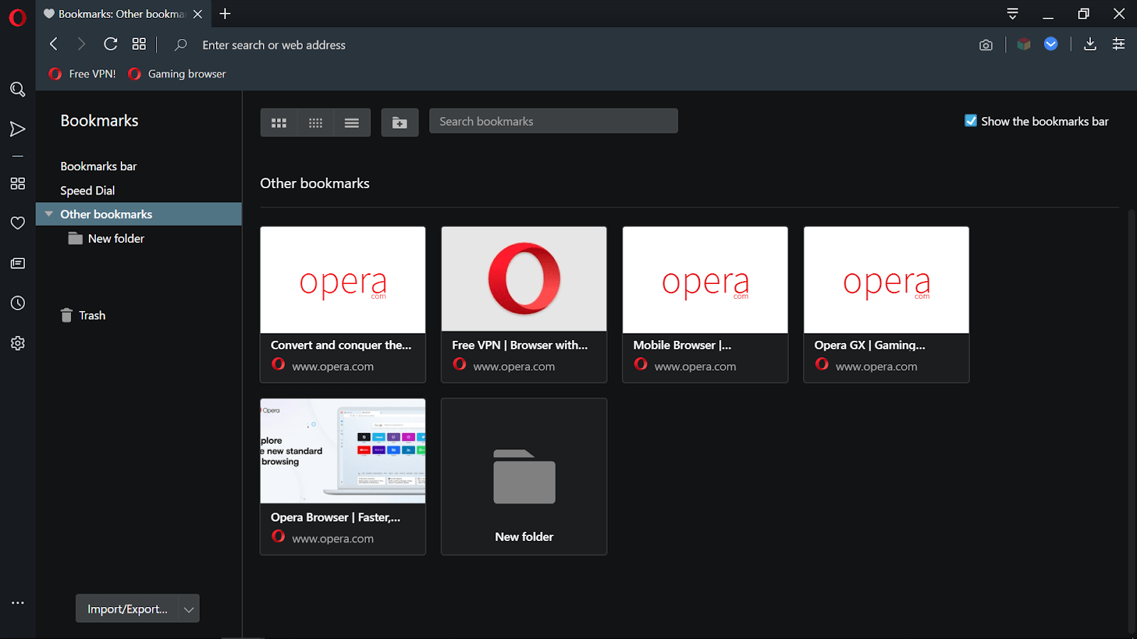 Marcadores y gestión de marcadores en el navegador Opera