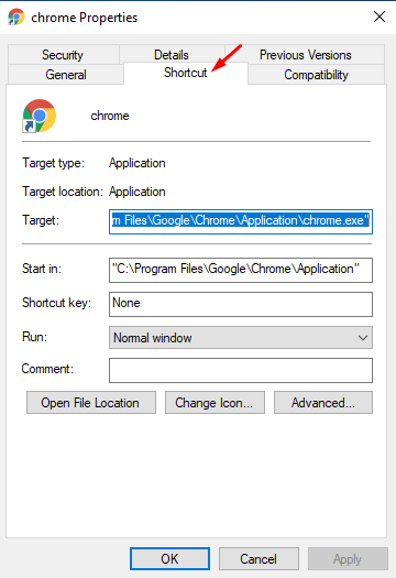 Ventana de acceso directo de propiedades de Chrome