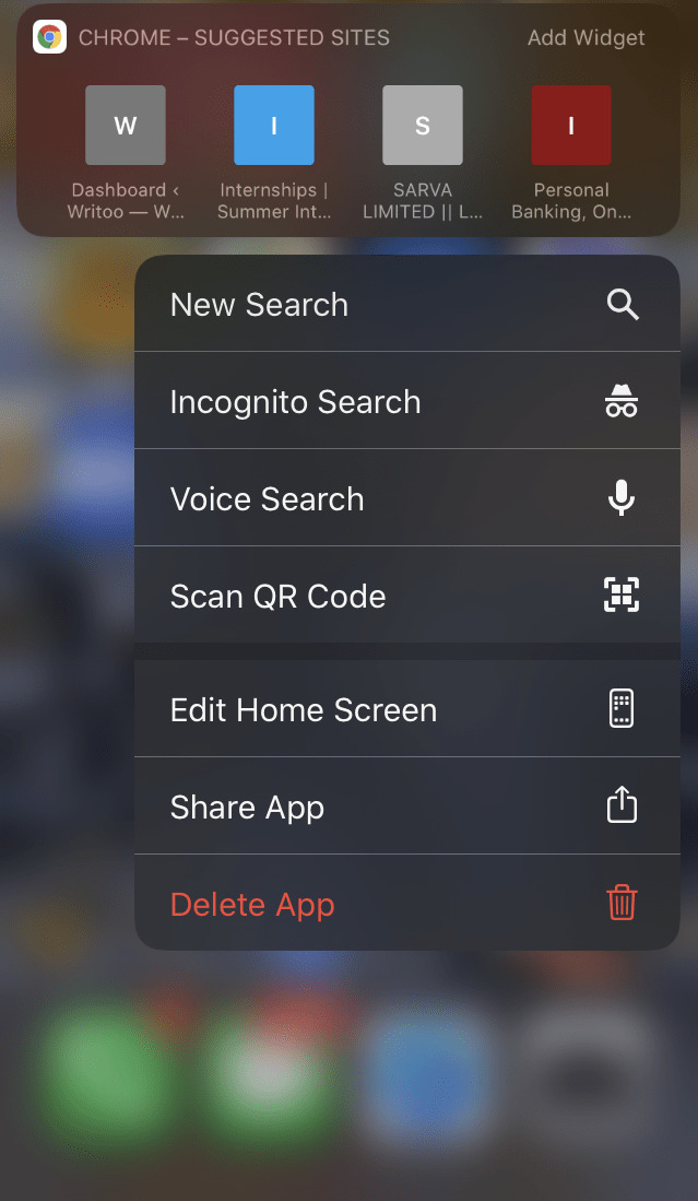 Opciones de Chrome iOS 3D Touch