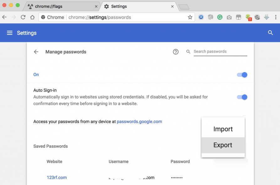 Opción de importación / exportación de contraseñas de Google Chrome