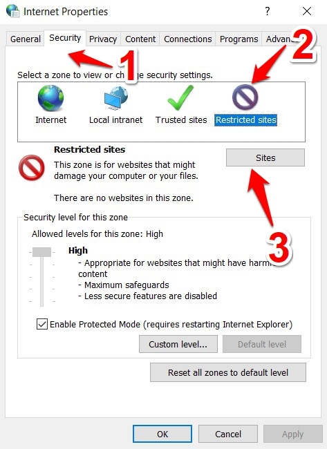 Configuración de sitio restringido en Windows Opciones de Internet