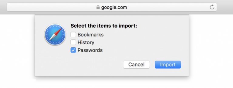 Seleccione los elementos para importar en el navegador Safari