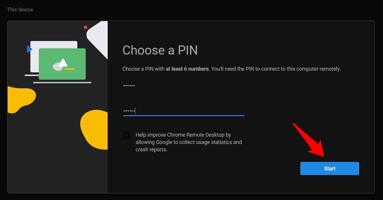 Elija un PIN para Chrome Remote Desktop
