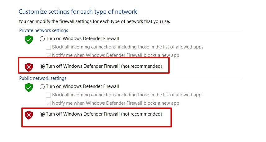 Apague el Firewall de Windows Defender en el sistema operativo