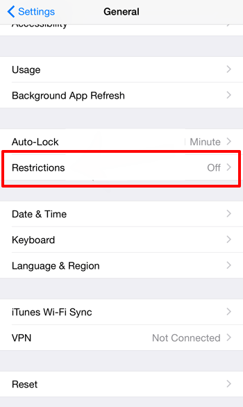 Opción de restricción de configuración general de iOS