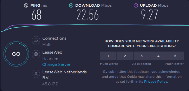 prueba de velocidad con VPN a Amsterdam