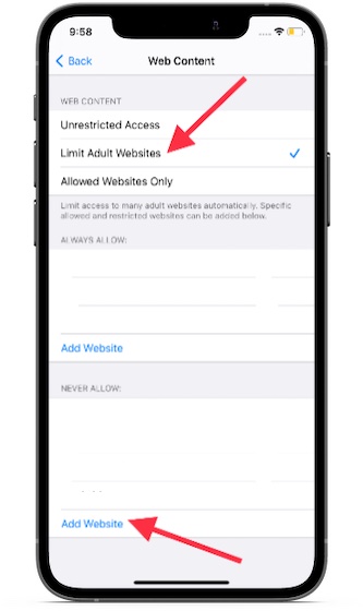 Toque en agregar sitio web: Cómo bloquear sitios web en Safari en iPhone y Mac