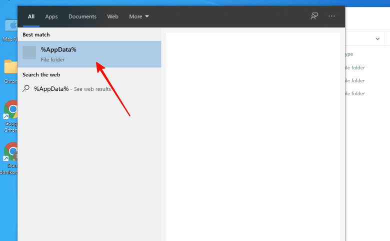 Haga clic en el cuadro de b煤squeda de Windows en su barra de tareas y escriba% AppData%