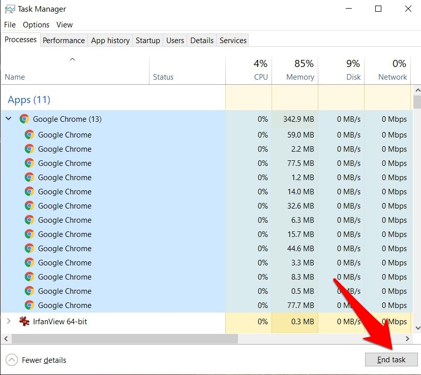 Finalizar la tarea de proceso de Chrome desde el Administrador de tareas de Windows