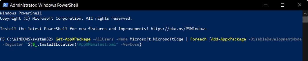 Reinstale el paquete de Microsoft Edge desde el almacenamiento interno con el modo de desarrollo deshabilitado