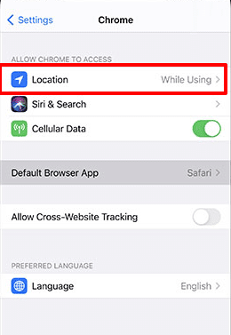 Opci贸n de configuraci贸n de ubicaciones para Chrome iOS y iPadOS