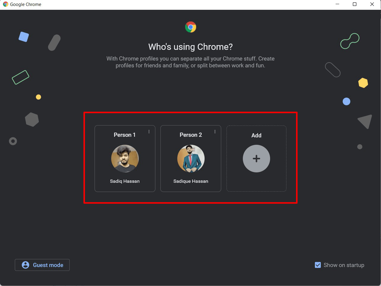 Ventana del selector de perfil de Chrome al inicio