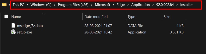 Ubicación del instalador de Microsoft Edge en Archivos de programa de Windows