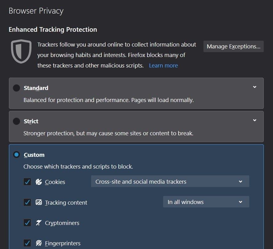 ConfiguraciÃ³n de privacidad del navegador Firefox: protecciÃ³n de seguimiento mejorada