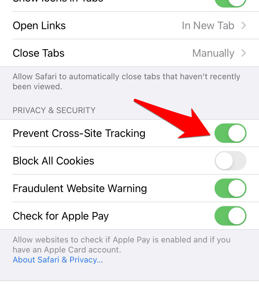 Deshabilitar Prevenir el seguimiento de sitios cruzados en Safari iPhone