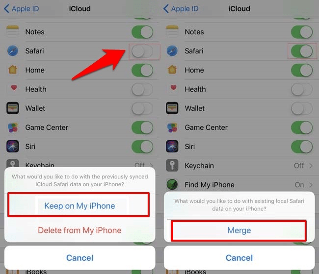 Fusionar datos de Safari local con iCloud en iPhone