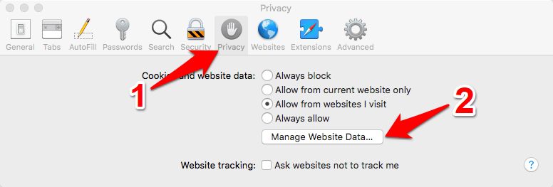Safari Mac botón Administrar datos del sitio web en Privacidad