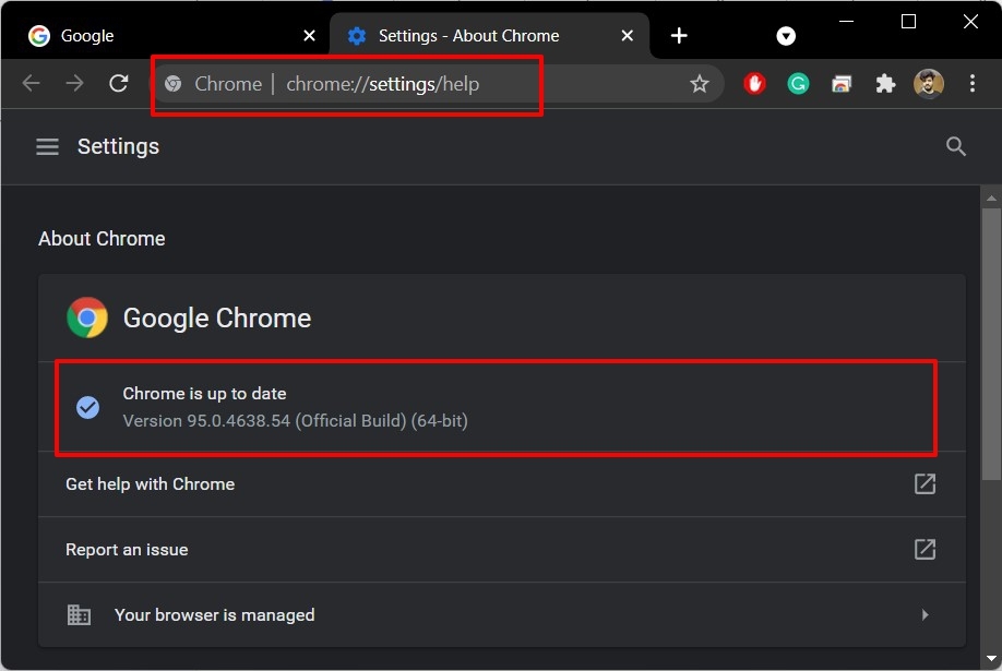 Acerca de la p谩gina de Chrome con la versi贸n del navegador Chrome