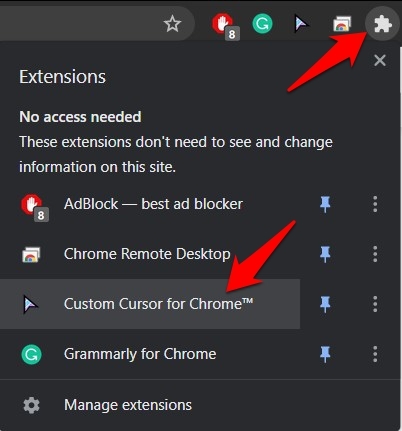 Haga clic para abrir el cursor personalizado para la extensión instalada de Chrome