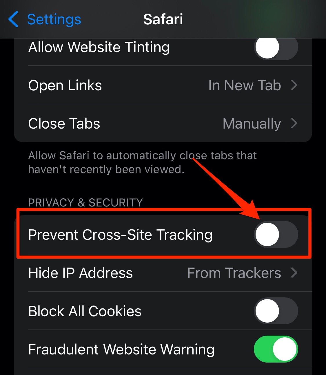 Desactivar Prevenir el seguimiento de sitios cruzados en la configuración de Safari de iPhone