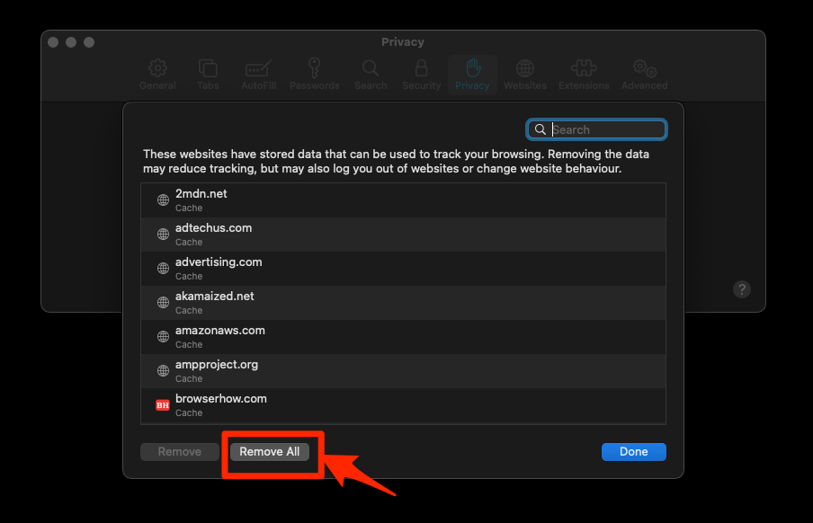 Eliminar todos los datos almacenados del sitio web de Safari en Mac