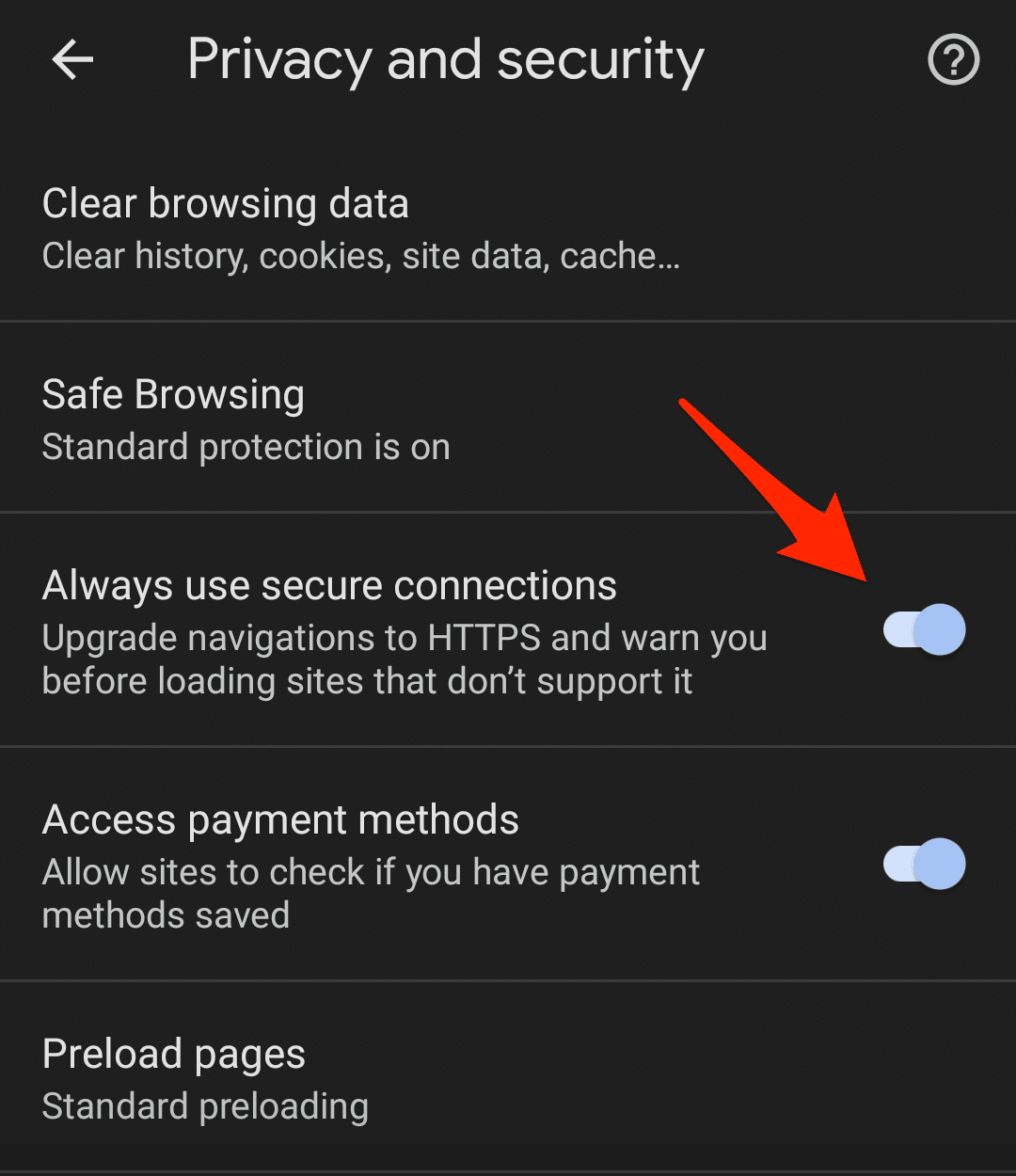 Utilice siempre conexiones seguras activadas en Chrome Android