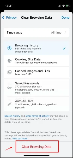 Borrar datos de navegación para arreglar Chrome iOS que no reproduce videos