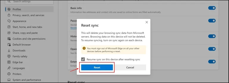 Restablecer datos de Microsoft Edge en la nube