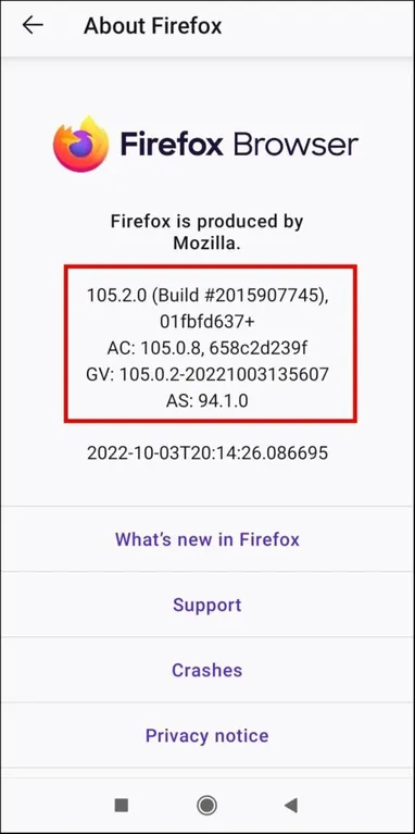 Verifique la versión de Mozilla Firefox en dispositivos móviles