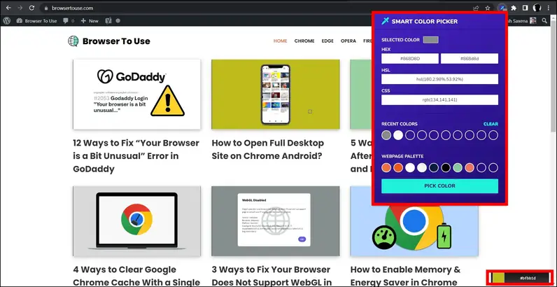 Uso de la extensión Smart Color Picker para elegir el color de un sitio web en Chrome