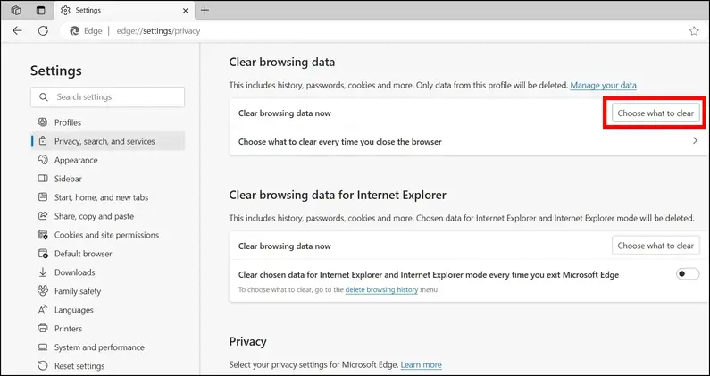 Borrar datos de navegación para eliminar y eliminar todos los datos de usuario en Microsoft Edge.