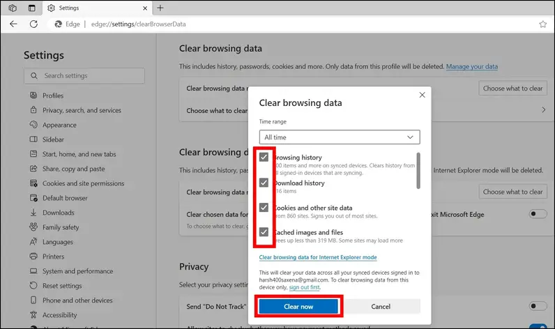 Borrar datos de navegación para eliminar y eliminar todos los datos de usuario en Microsoft Edge